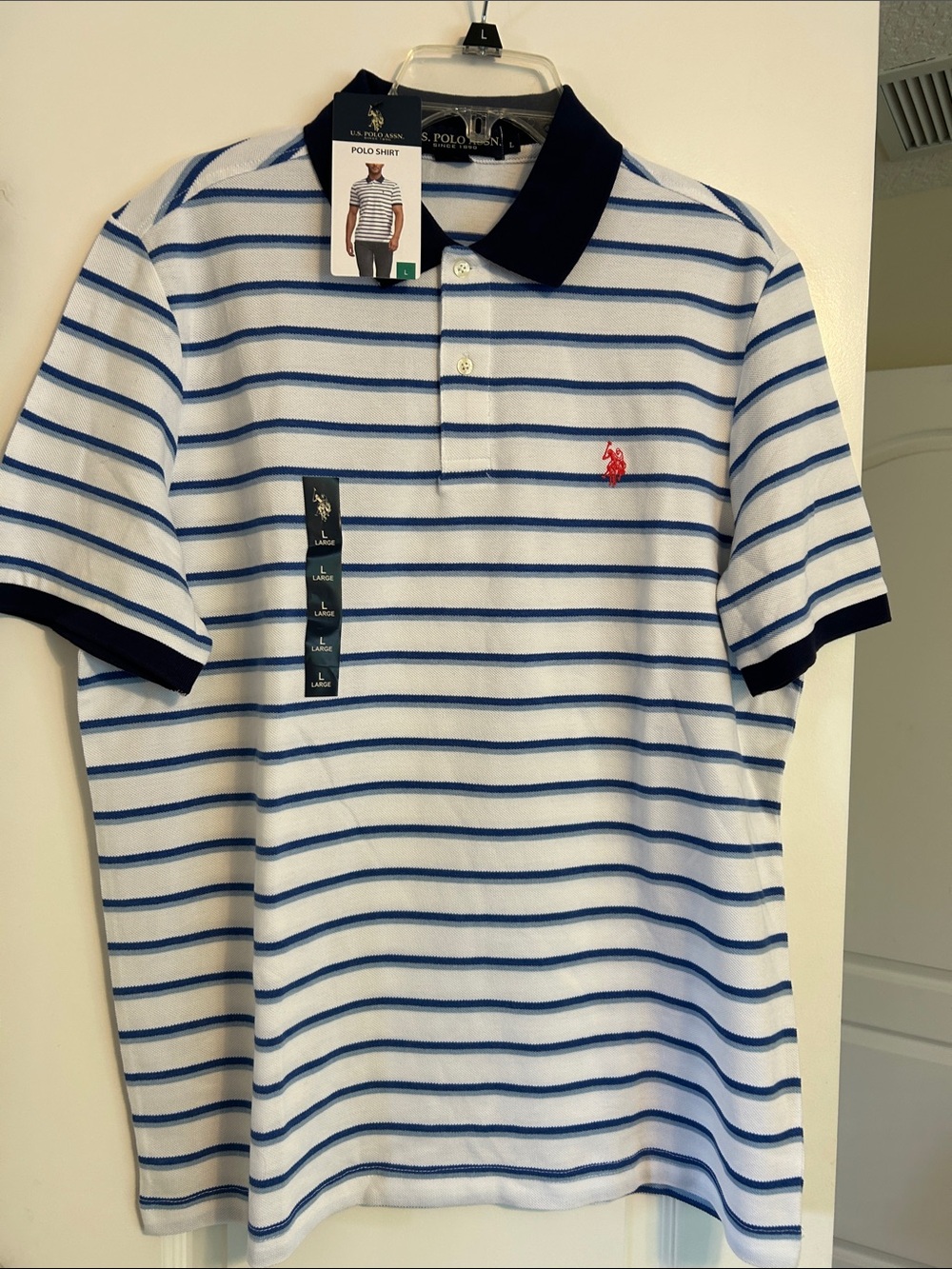 U.S. Polo Assn. White Polo with Blue Stripes and Navy Trim